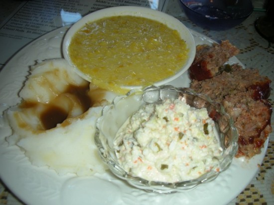 "Meat & Three" meatloaf, sweet coleslaw, creamed corn and mashed